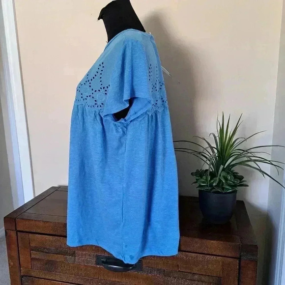 ❤ NWT Jachs Girlfriend Blue Cotton Top Large Slub Knit Short Sleeved Eyelet Yoke - Picture 2 of 12